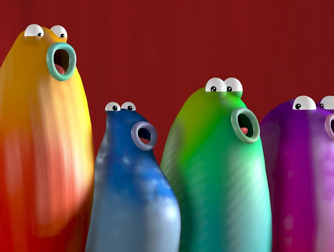 Blob Opera singing quartet — Bass, Tenor, Mezzo-Soprano, and Soprano blobs on stage
